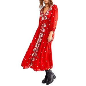 Free People Embroidered Fable Maxi Dress V Neck Tie Waist Boho Flowy Long Sleeve